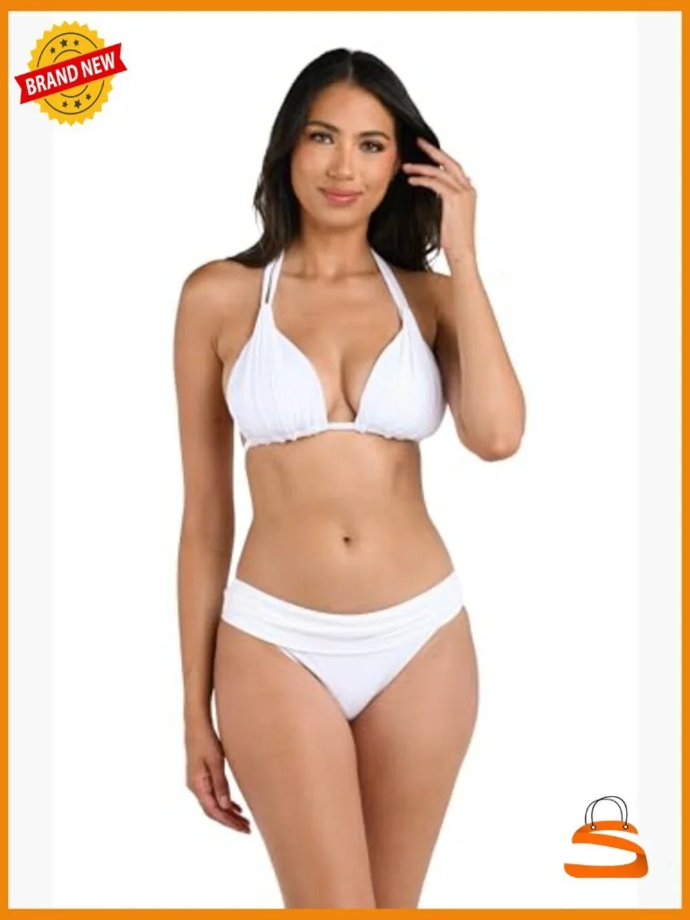 White Halter Bikini Top Size 8 Adjustable Straps Rouched Nylon Blend